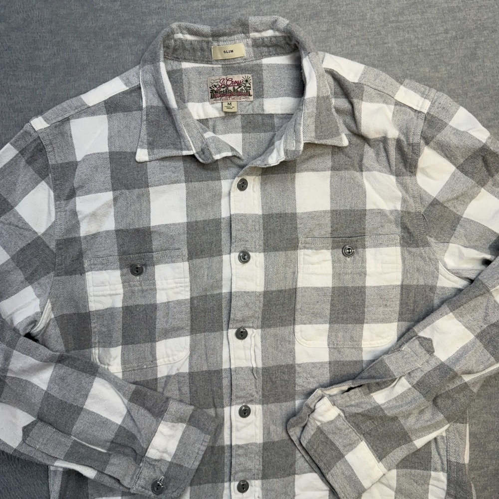 J Crew Shirt Mens Medium Slim Fit Gray White Check Midweight Flannel Workshirt